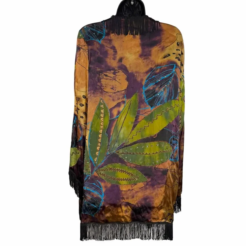 VTG Mirasol Silk Blend Kimono Cardigan L Abstract Fringe Whimsygoth Y2K Witchy
